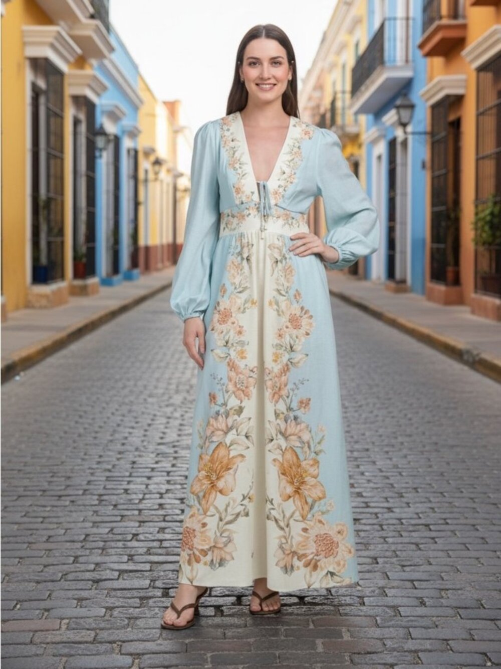House of Harlow 1960 Linen Blend Plunging V-Neck Maxi Dress - S (NWOT)